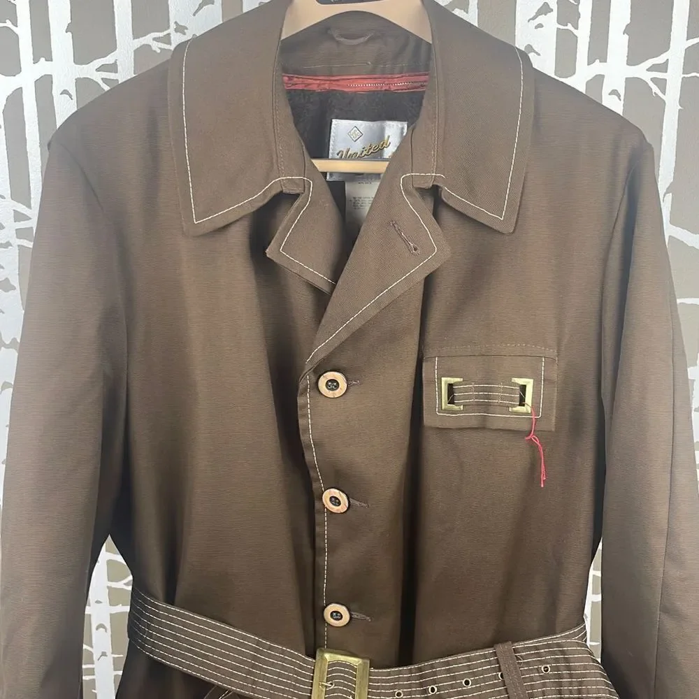 Vtg Deadstock 70s Brown Belted Jacket w Removable Faux Fur Lining 42